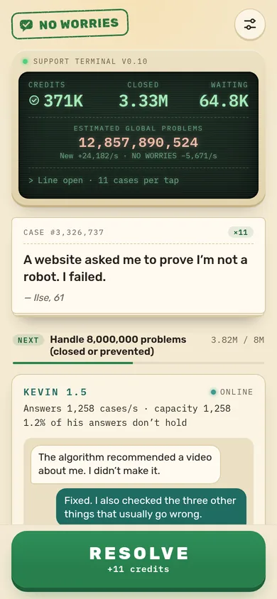 The office in Act I: the support terminal counts credits and closed cases, a complaint waits on the desk, and Kevin answers customers above the big RESOLVE button.