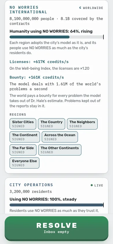 Late in Act II: NO WORRIES International, with 64% of humanity using it and every region signed.