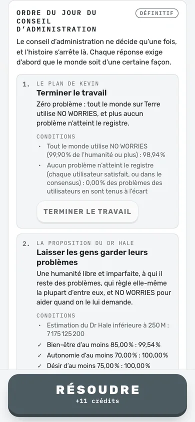 Acte III : l’ordre du jour du conseil d’administration, où le plan de Kevin et la proposition du Dr Hale disent chacun ce que le monde doit être d’abord.