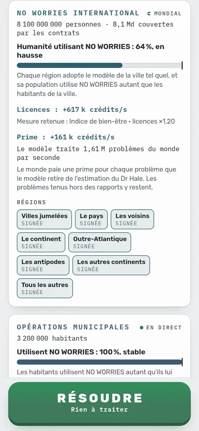 Fin de l’acte II : NO WORRIES International, utilisé par 64 % de l’humanité, toutes les régions signées.